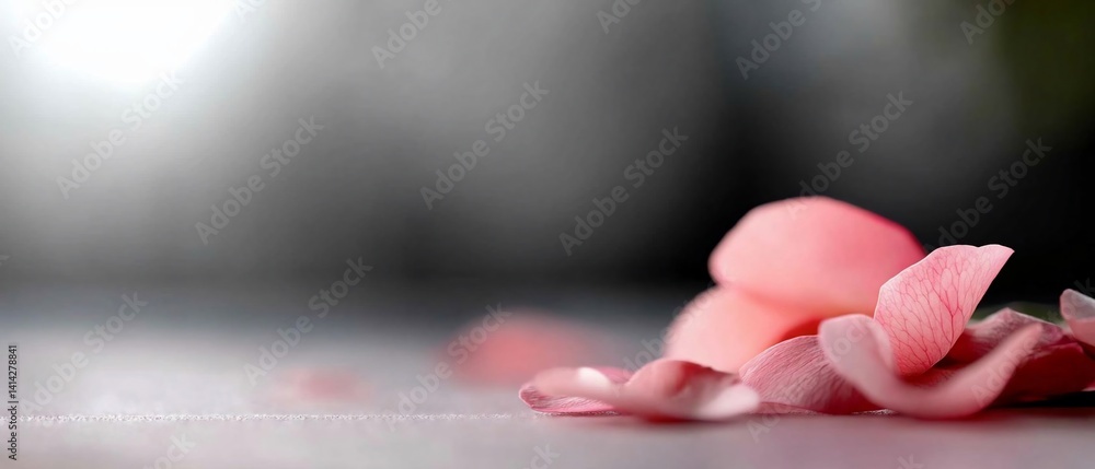 Poster close-up view of delicate pink rose petals scattered on a light surface blurred backdrop evokes soft