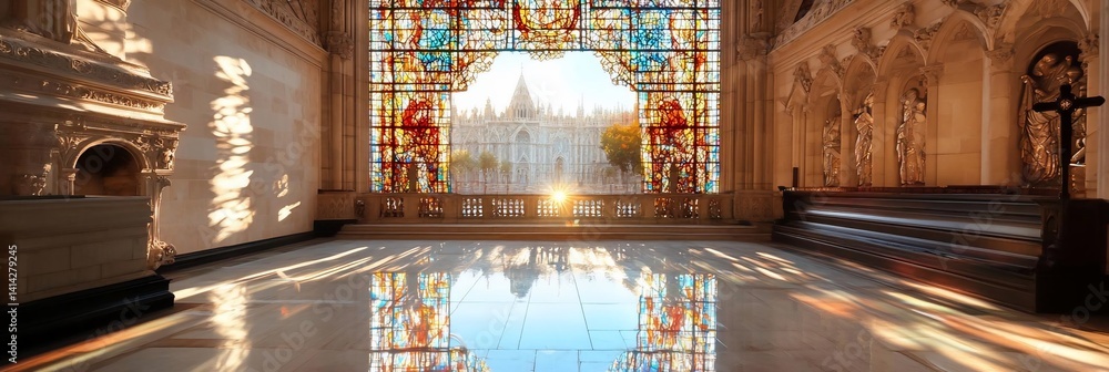Leinwandbilder interior view of a building with vibrant stained glass windows reflecting sunlight. the architecture