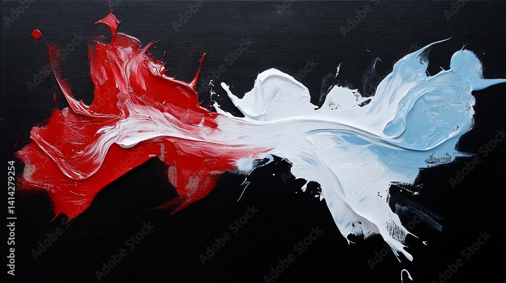 Leinwandbilder abstract artwork featuring a dynamic interplay of red and light blue paint splashes on a dark backgr