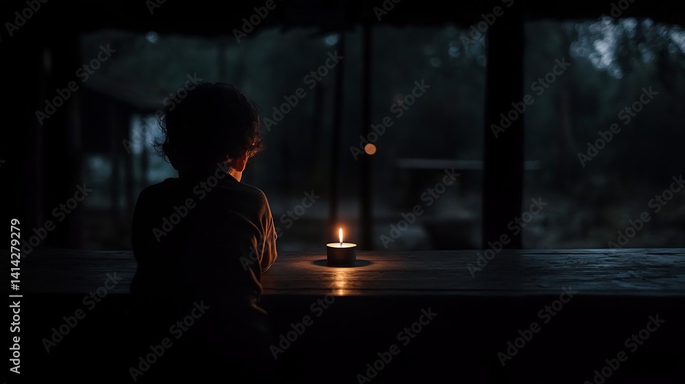 Poster a solitary figure gazes at a candle flame within a dark interior. the low-key lighting evokes a sens