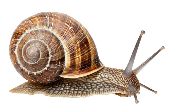 A close-up of a colorful garden snail slowly gliding across a textured surface in natural light isolated on transparent background - Powered by Adobe
