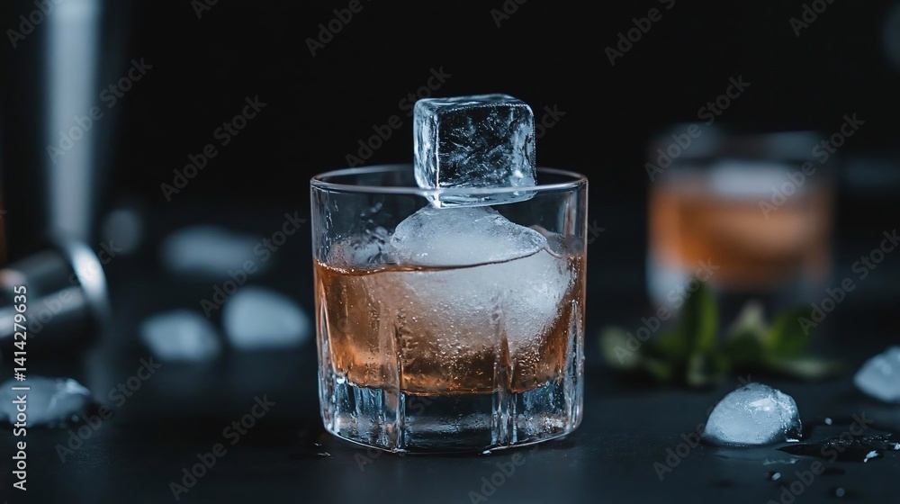 Aufkleber close-up of a cocktail glass with ice and amber liquid against a dark background. the drink is surro
