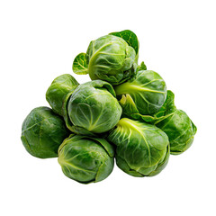 Fototapeta premium Fresh Brussels sprouts piled together on a white background.