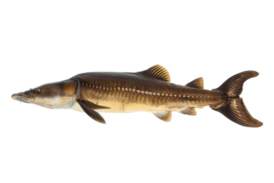 Detailed view of a sturgeon showcasing its unique features and graceful form in natural habitat isolated on transparent background