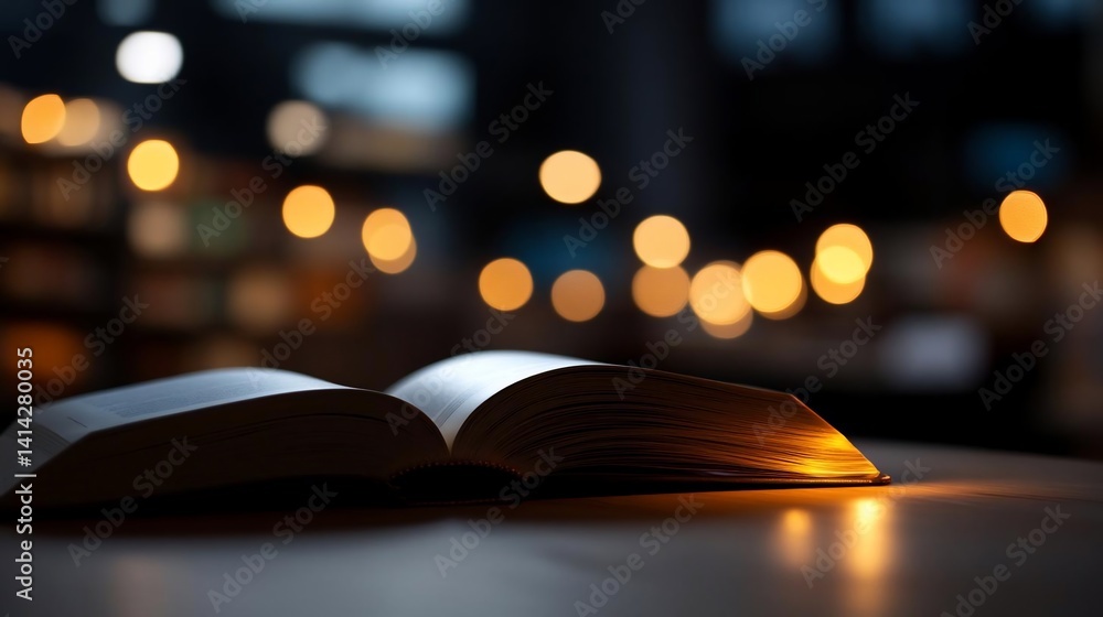 Poster An open book illuminated by warm light sits on a table with blurred bokeh lights in background creating a peaceful reading scene