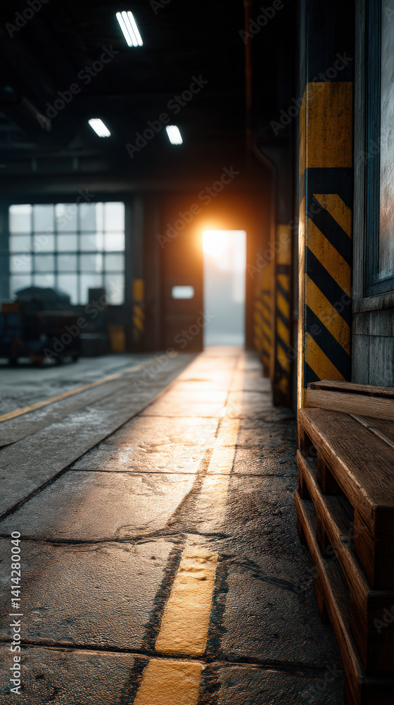 Poster sunlight streams through an open door in a dimly lit industrial space, illuminating the polished flo