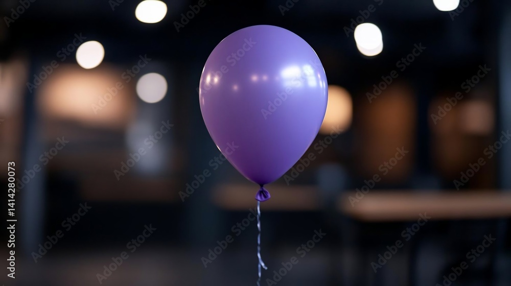 Poster single purple balloon floating against a blurred background of a warmly lit interior. the image high