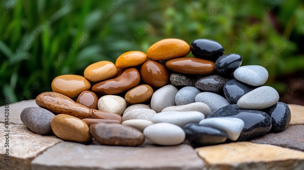 Leinwandbilder Close-up of polished river stones arranged in a gradient pattern showcasing various colors and textures against a blurred green background with stone bricks below
