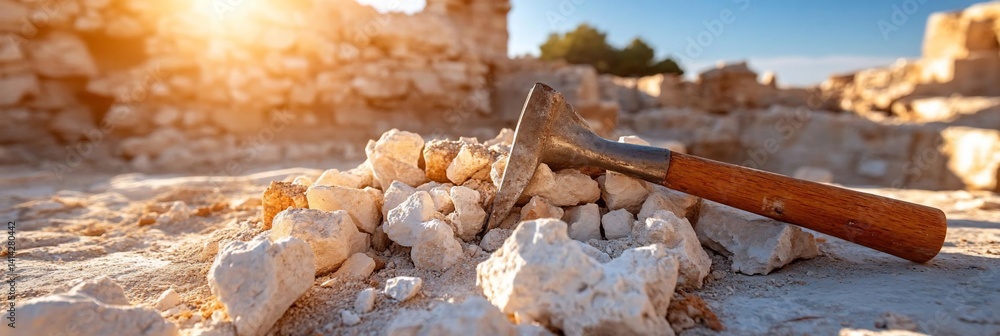 Fototapete Close-up of a chisel tool resting on a pile of white stone rubble. The scene is illuminated by warm sunlight creating a sense of work and history in the old structure
