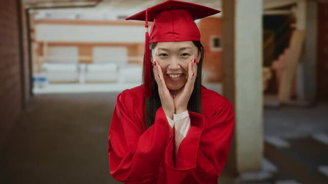 Woman celebrating graduation indoors at construction site wearing red cap and gown, capturing a joyful moment in an unexpected setting with excitement and achievement.