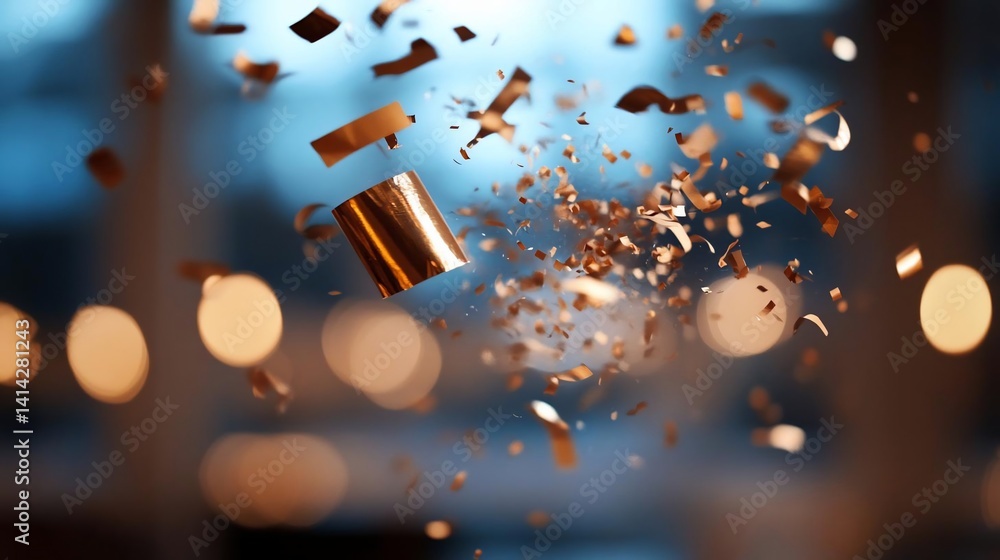 Poster Floating golden confetti in motion against a blurred background of soft lights creating a celebratory and dynamic visual effect. Focus on the textures and movement
