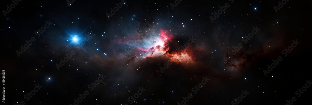 Poster Panoramic view of a nebula in space featuring vibrant colors like blue red and orange. The cosmic scene includes stars and dark clouds creating an abstract and celestial landscape