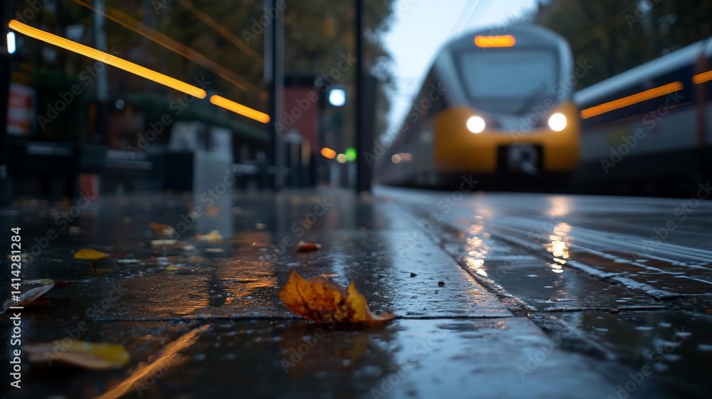 Poster close up shot of autumn leaf on wet platform with blurred train lights and train in the background. 