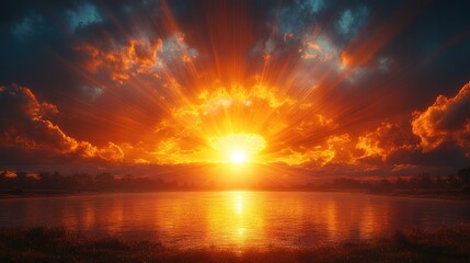 Fototapeta premium Fiery Sunset over Calm Waters: A Breathtaking Vista