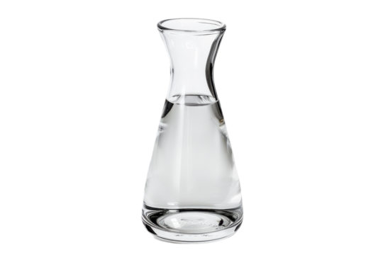 Elegant glass carafe filled with clear water resting on a simple surface in soft natural light isolated on transparent background