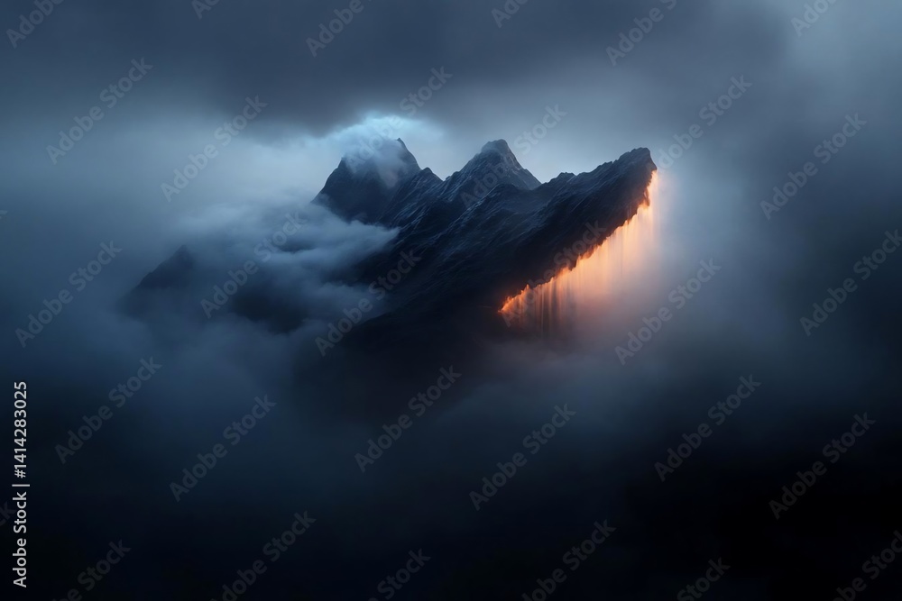 Aufkleber A dramatic mountain range shrouded in dense fog illuminated by a warm sunset glow creating a surreal atmosphere