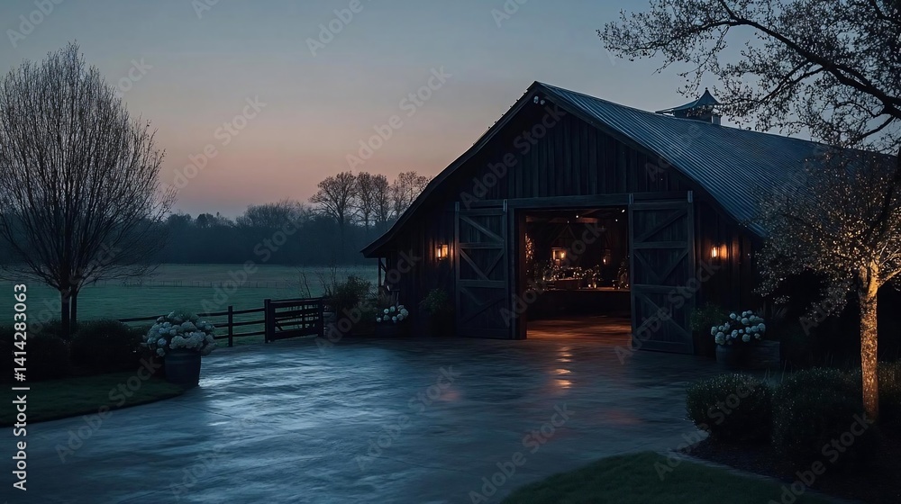 Poster exterior view of a rustic wooden structure at dusk with open doors revealing a warmly lit interior. 