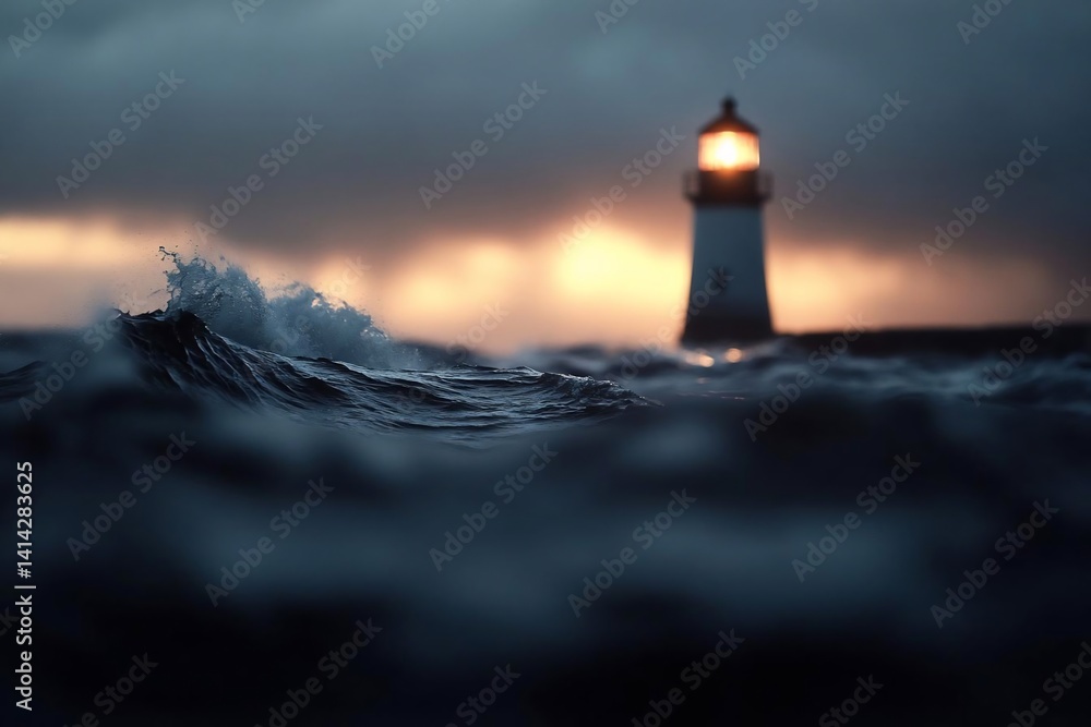 Poster Dramatic seascape featuring a structure emitting light amidst turbulent waves under a moody sky. The image captures the power of nature and the guiding presence of the structure