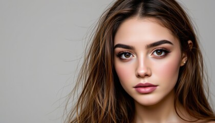 Fototapeta premium Portrait of a young woman studio setting photography neutral background close-up beauty concept