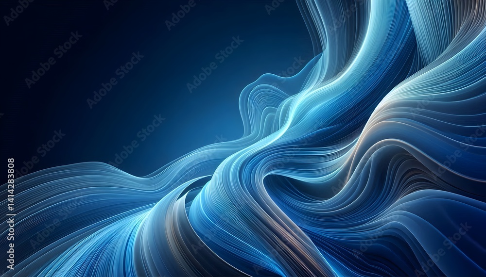 Poster digital abstract design of flowing blue curves with gradient lighting, evoking fluidity and calmness