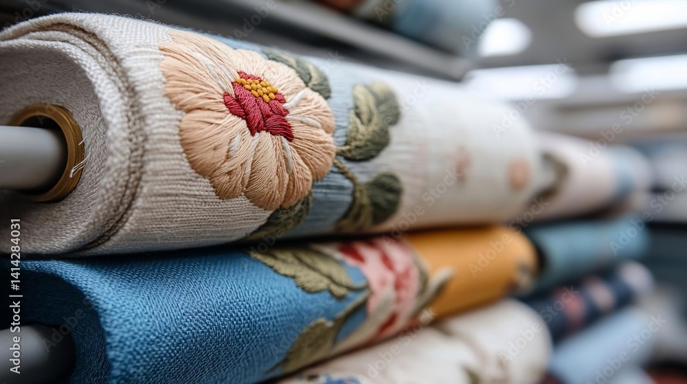 Poster close-up view of stacked fabric rolls displaying floral patterns. rolls vary in color including blue