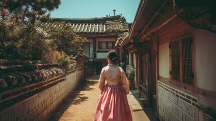 Fototapeta premium Back view of korean asian woman in traditional korean dress or hanbok dress walking in old palace in night with full moon, Seoul city, South Korea,copy space.