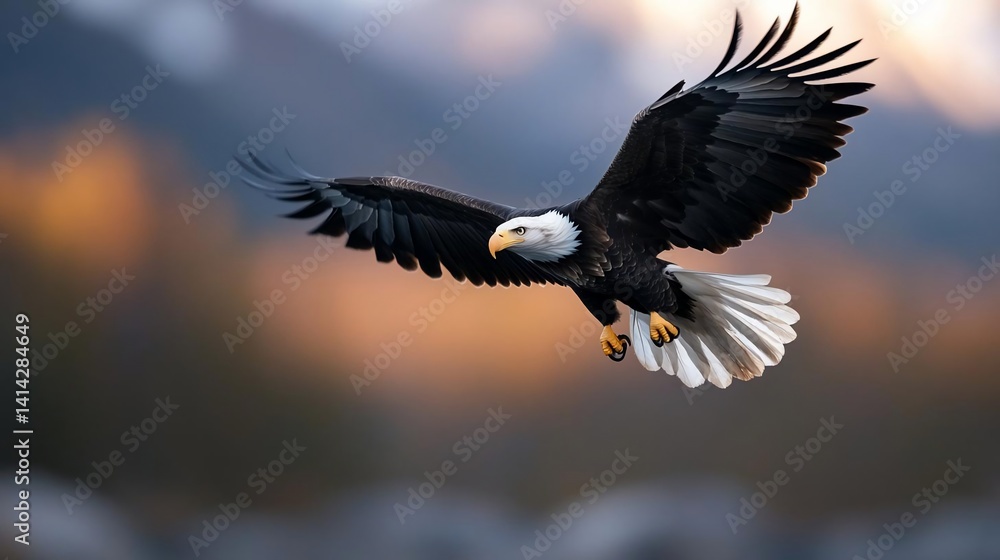 Poster majestic bird in flight against a blurred mountain backdrop showcasing its wingspan and sharp talons