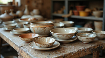 Fototapeta premium Handcrafted ceramic bowls displayed on rustic wooden table