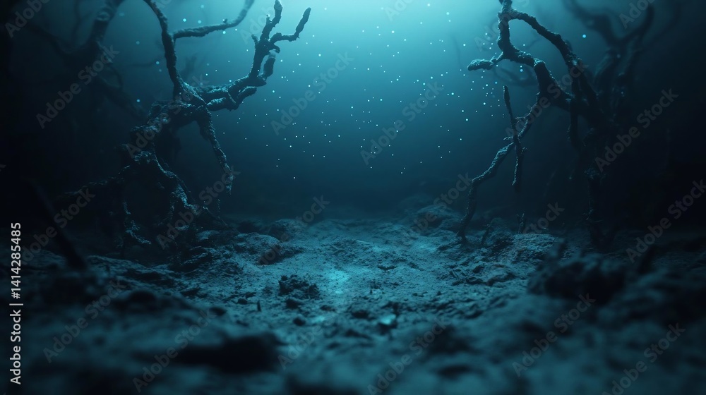 Poster Dark underwater scene with abstract shapes and glowing particles creating a mysterious atmosphere