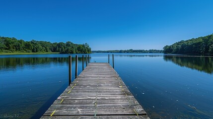 Fototapeta premium Blue Serenity with Dock Extension, Embracing the Peaceful Calm of Open Waters and Coastal Horizons