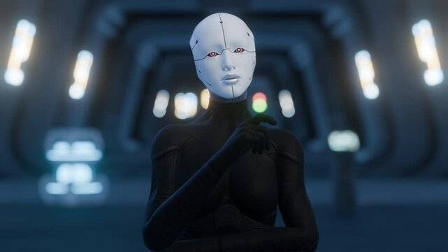 Sentient Humanoid Robot Thinking and then Smiling at the camera in a scifi futuristic environment CGI Animation