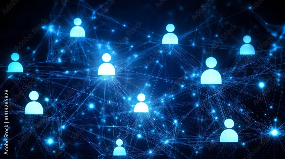 Poster glowing social network icons and people silhouettes on dark blue abstract background representing gl