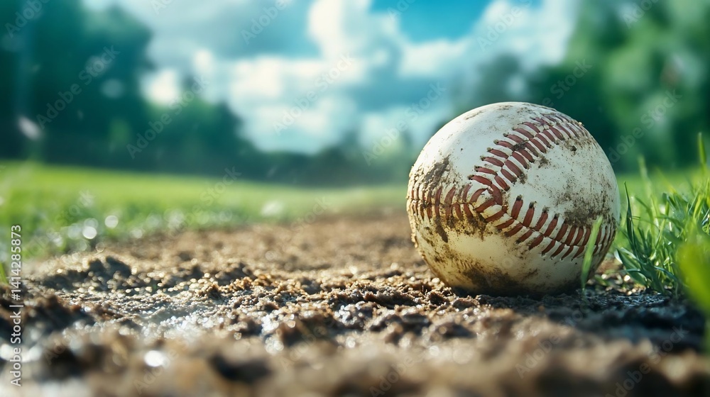 Poster Close up view of a ball on a dirt path with green grass in the background under a cloudy sky