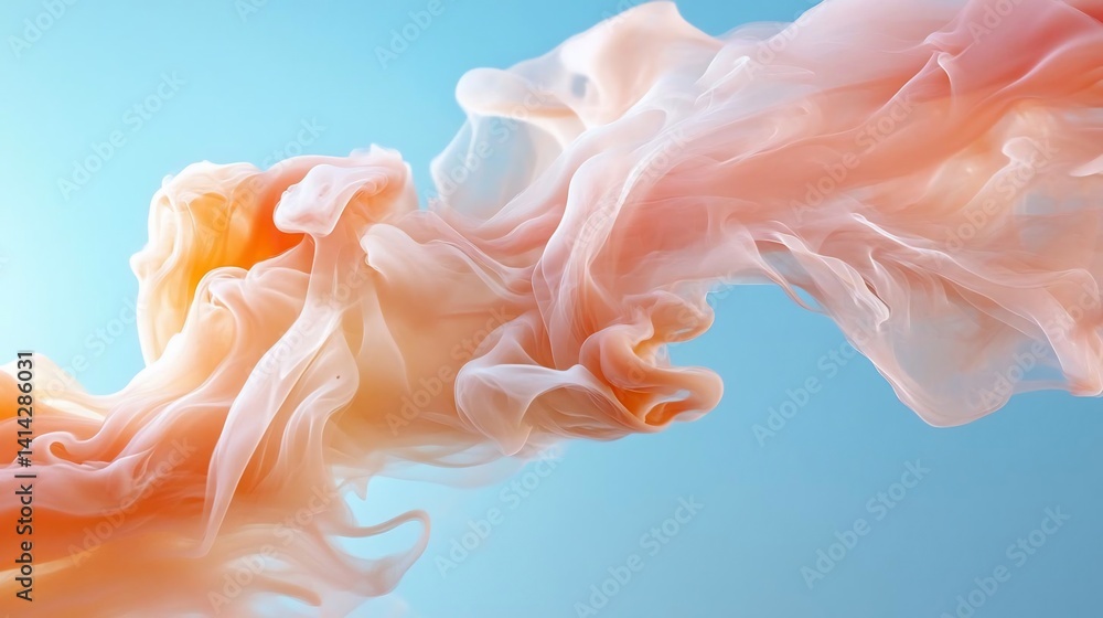 Poster Abstract composition featuring flowing fabric in warm peach and yellow hues against a soft blue backdrop creating ethereal and dynamic visual effects