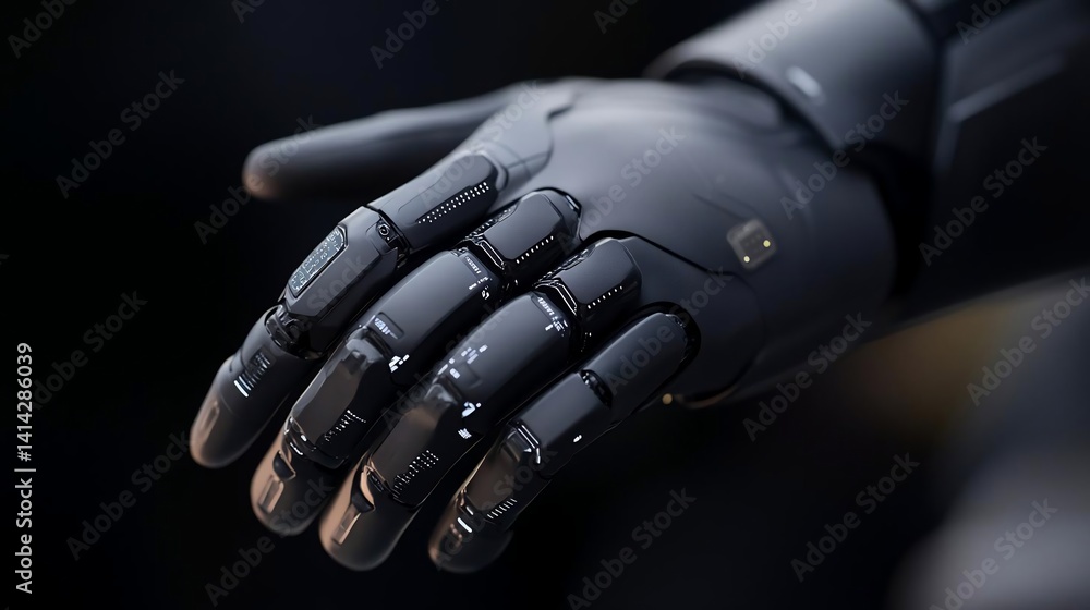 Aufkleber Close up of a black mechanical hand with a smooth glossy finish detailed in sharp focus. The sleek design suggests advanced technology with a futuristic aesthetic