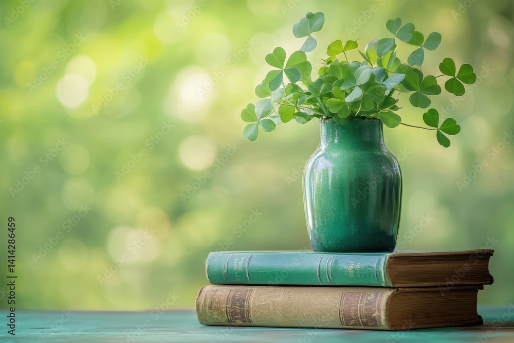 Poster a green vase filled with shamrocks sitting on top of a stack of books with a blurred green backgroun