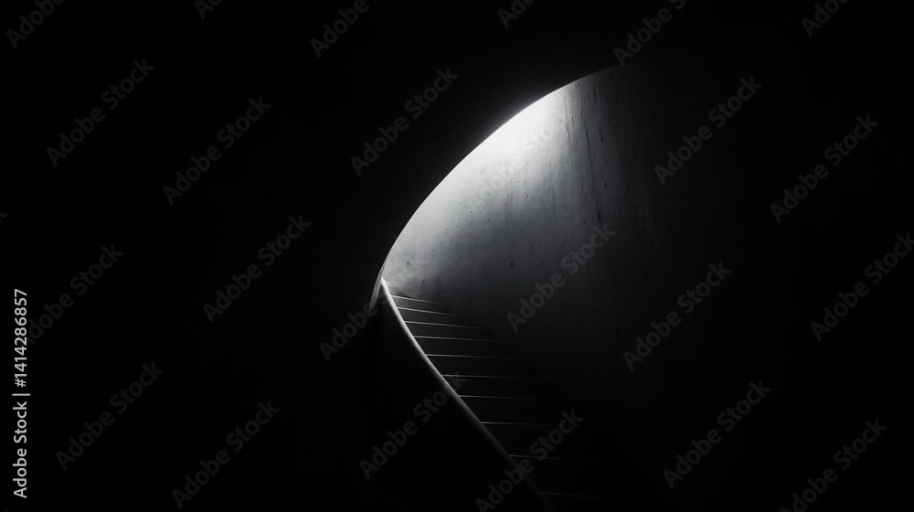 Aufkleber Dark curved staircase illuminated by a single light source creating strong shadows and textures in a minimalist architectural setting