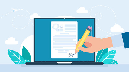 Electronic signature on laptop. Man putting esignature into legal document. Digital signature concept. Businessman signing an agreement or contract online. Business legal deal. Flat illustration