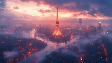 Obraz premium Enchanted Cityscape: A Breathtaking Aerial View of Shanghai at Sunset
