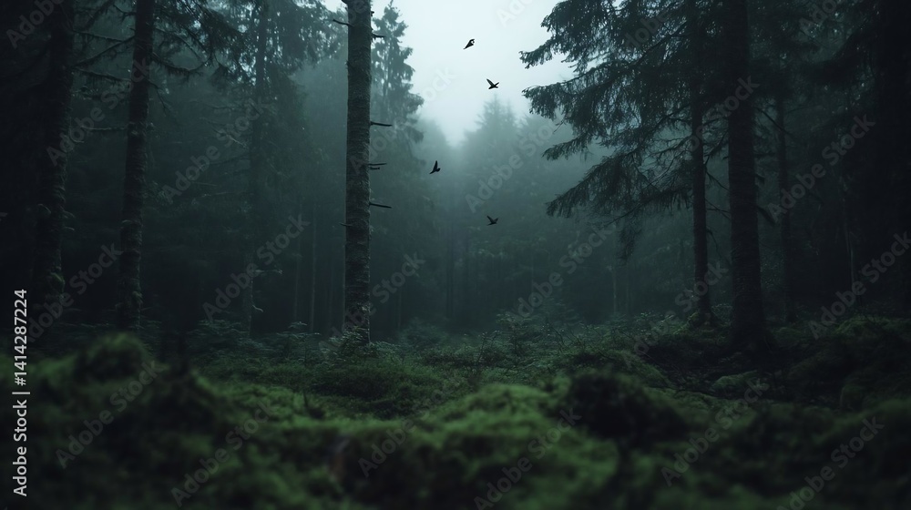 Poster dark forest with green moss and towering trees under moody lighting with flying birds adding depth a