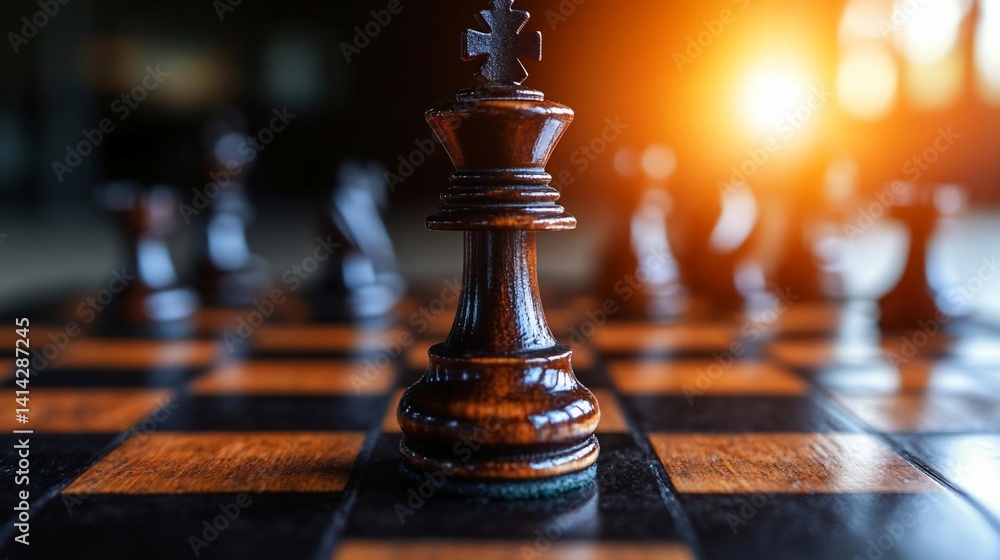 Poster close-up of a chess king piece in focus with blurred chess pieces in the background and a warm light