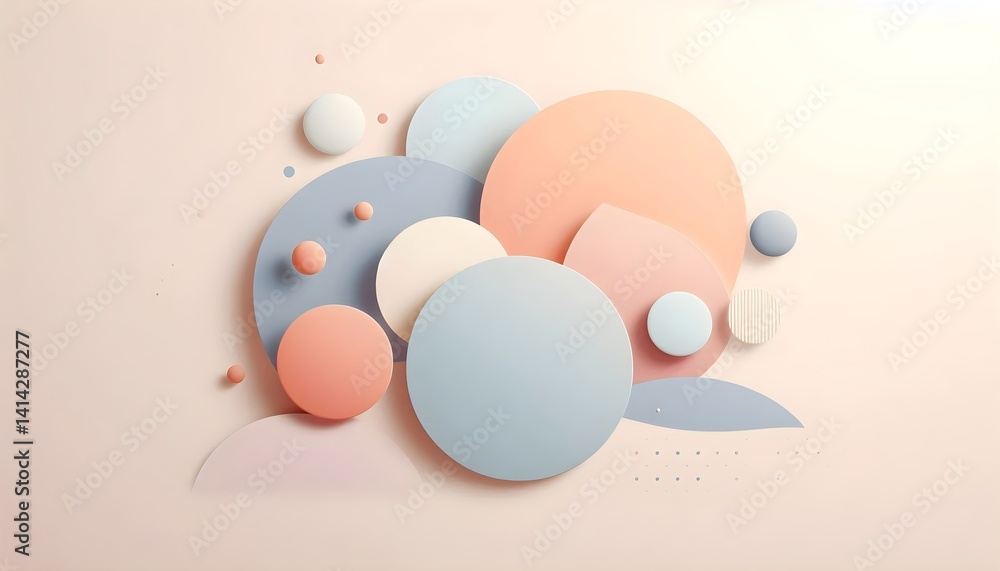Poster minimalist pastel abstract design with soft geometric shapes and gentle circles floating on a calm b