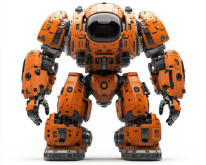 Obraz premium High-detail orange robotic mech with industrial design isolated on white background