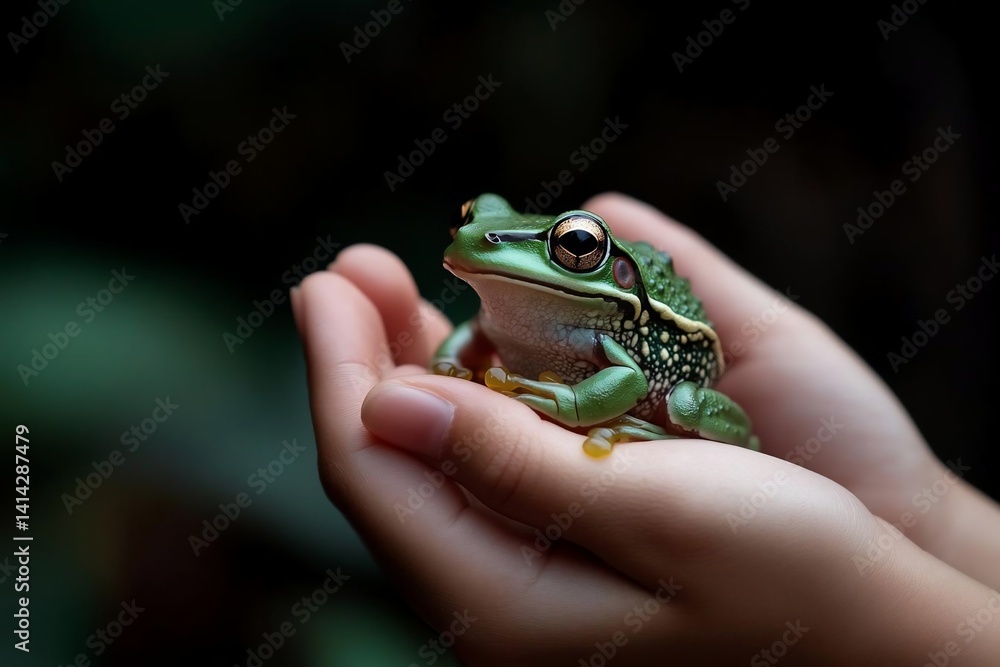 Poster close-up shot of a green frog resting on open hands against a blurred dark background. focus on the 