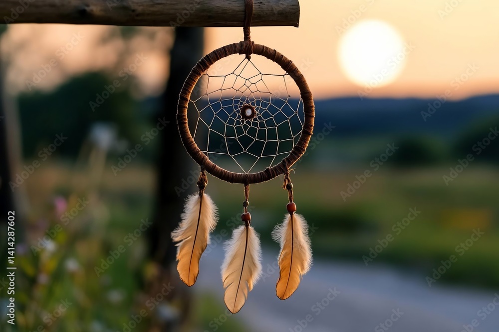 Aufkleber a dreamcatcher hangs with feathers in soft focus against a sunset backdrop of a road and forest in t