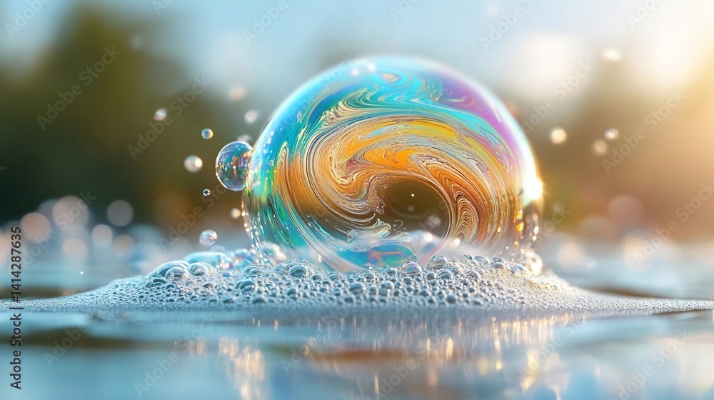 Poster a vibrant soap bubble reflecting iridescent colors floats atop a foamy surface. shallow depth of fie