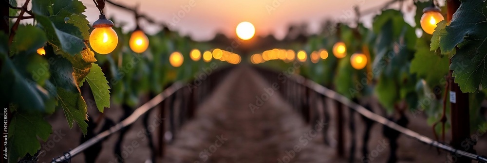 Aufkleber Generic landscape at sunset features string lights creating warm ambiance. Rows of plants extend towards the setting sun. Blurred background adds depth and focus on details