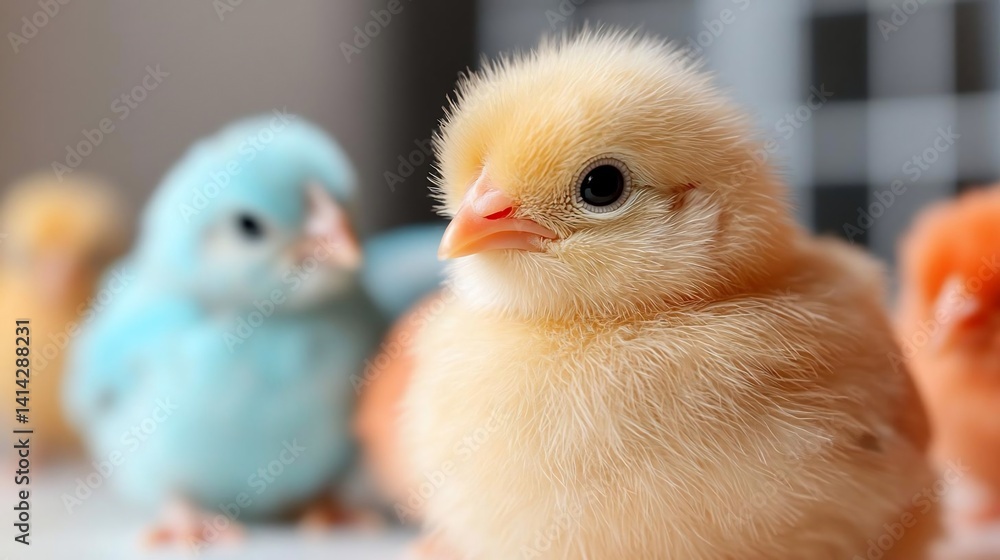 Aufkleber close-up of fluffy yellow chick with focus on its face blurred colorful chicks background selective 