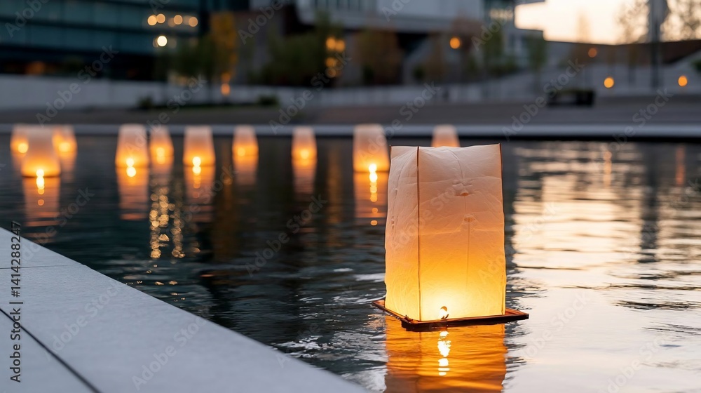 Aufkleber Floating lanterns illuminate a tranquil water surface reflecting soft golden light evoking peaceful ambiance. The scene includes a concrete edge with blurred background lights creating a serene