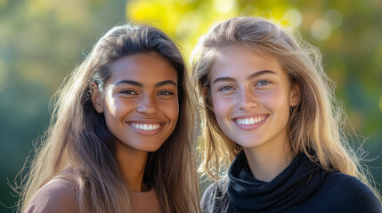 Fototapeta premium Two young women sharing a warm smile, genuine connection across cultures